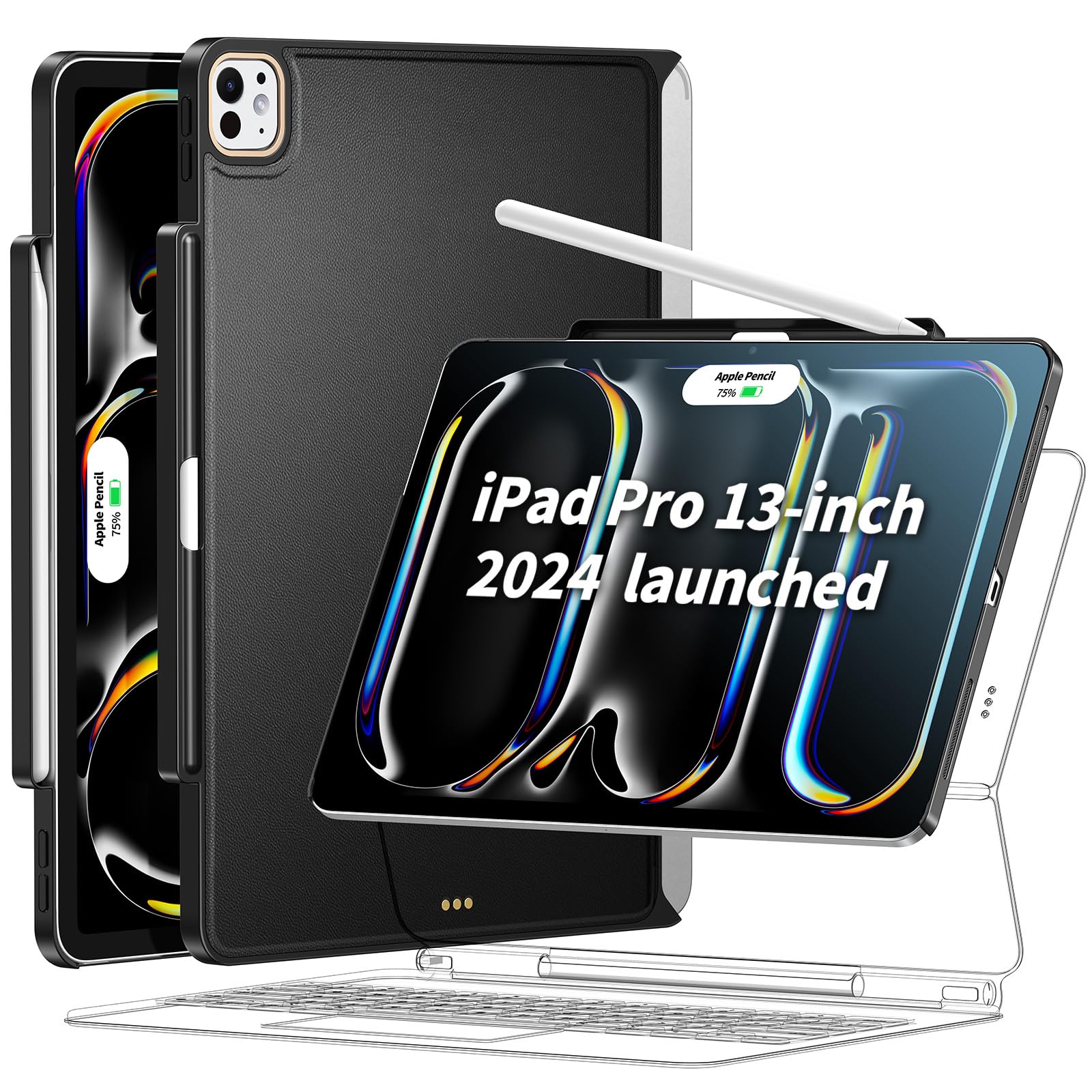 Photo 1 of Magic-Keyboard Compatible Case for iPad Pro-13 inch M4 2024, Cover with Apple Pencil Holder for Smart MagicKeyboard Folio Slim Durability, with Durable Leather Surface, (Keyboard Not Included), Black