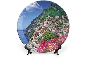 XISUNYA 10 Inch Decorative Plate, Italy Round Porcelain,Scenic Positano Amalfi Naples Blooming Flowers Coastal Village Print Ceramic Wall Hanging Decor Accessory for Dining Table Tabletop Home Decor