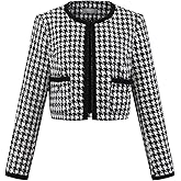 Hobemty Women's Houndstooth Blazer Collarless Plaid Cropped Tweed Jacket