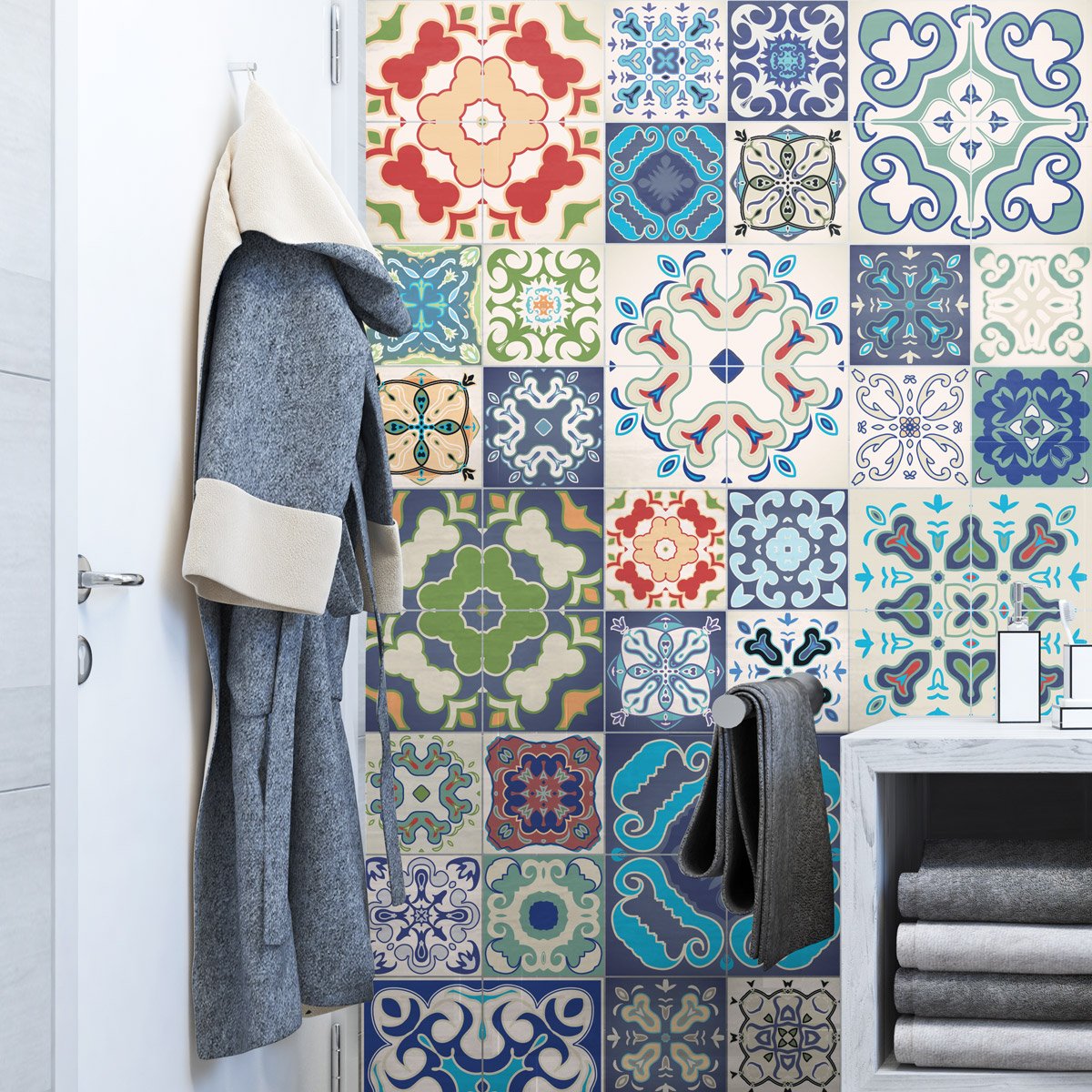 Ambiance Sticker Self-Adhesive Decorative Wall Decal Cement Tile for Bathroom and Kitchen Tanoura - Pack of 60 Stickers of 15 x 15 cm