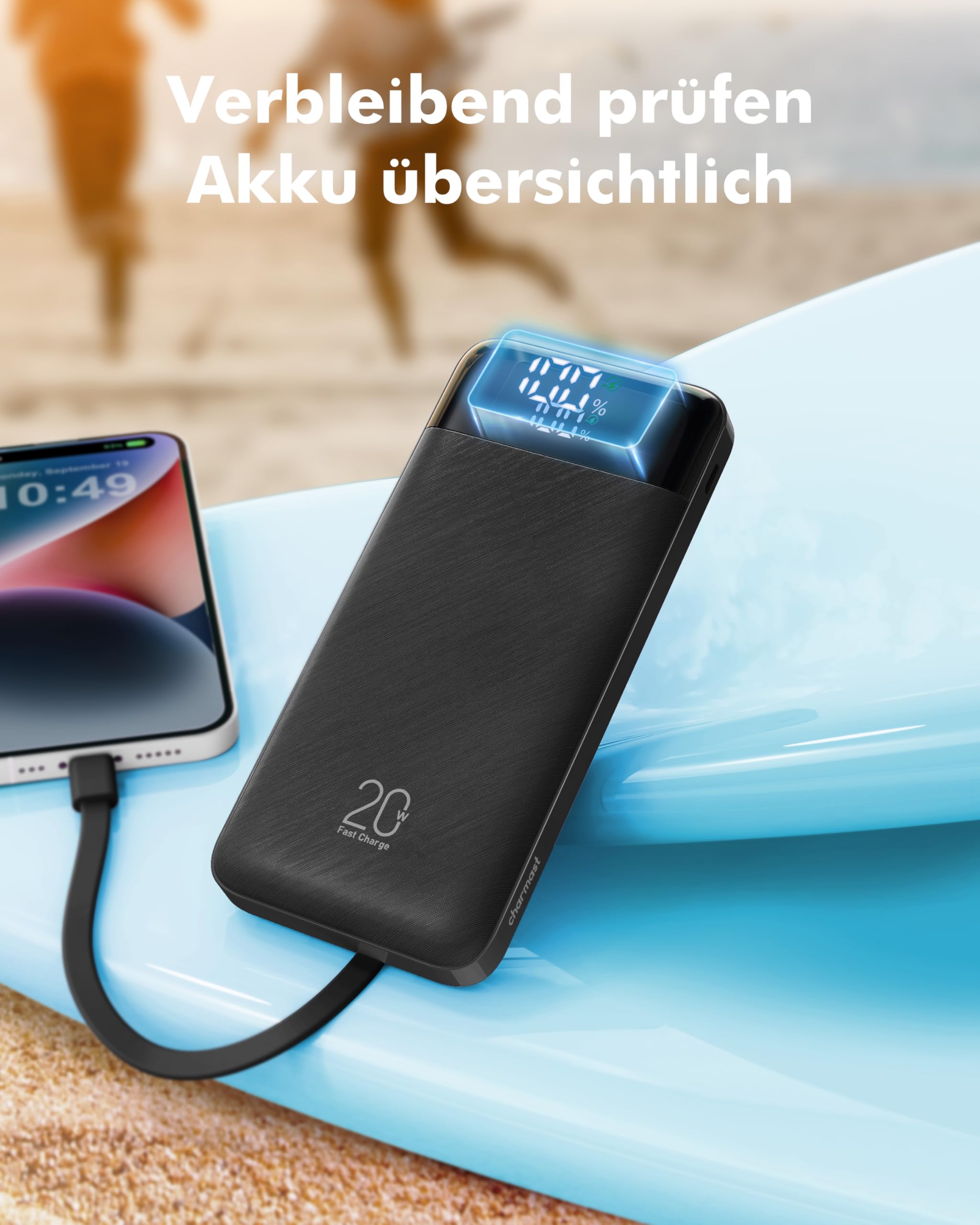 Charmast Power Bank, 22,5W Powerbank 20000mAh mit 4 Kabel und LED-Display, USB C PD3.0 QC4.0 Externe Handyakkus mit 6 Ausgängen Kompatibel mit iPhone 17 16 15 14 13 12 Pro Max Plus Samsung S24 Tablet 6