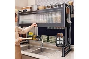Kitchen steel over the sink dish drying rack, drainer racks for counter, Includes chopsticks, knife, cutting board holder, Ac