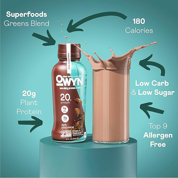 OWYN ONLY WHAT YOU NEED PROTEIN SHAKE VARIETY PACK, DARK CHOCOLATE, COLD BREW COFFEE, COOKIES AND CREAMLESS, 20G PROTEIN, 4G SUGAR, 3G FIBER, DAIRY FREE, PLANT BASED PROTEIN DRINK, 12 CT