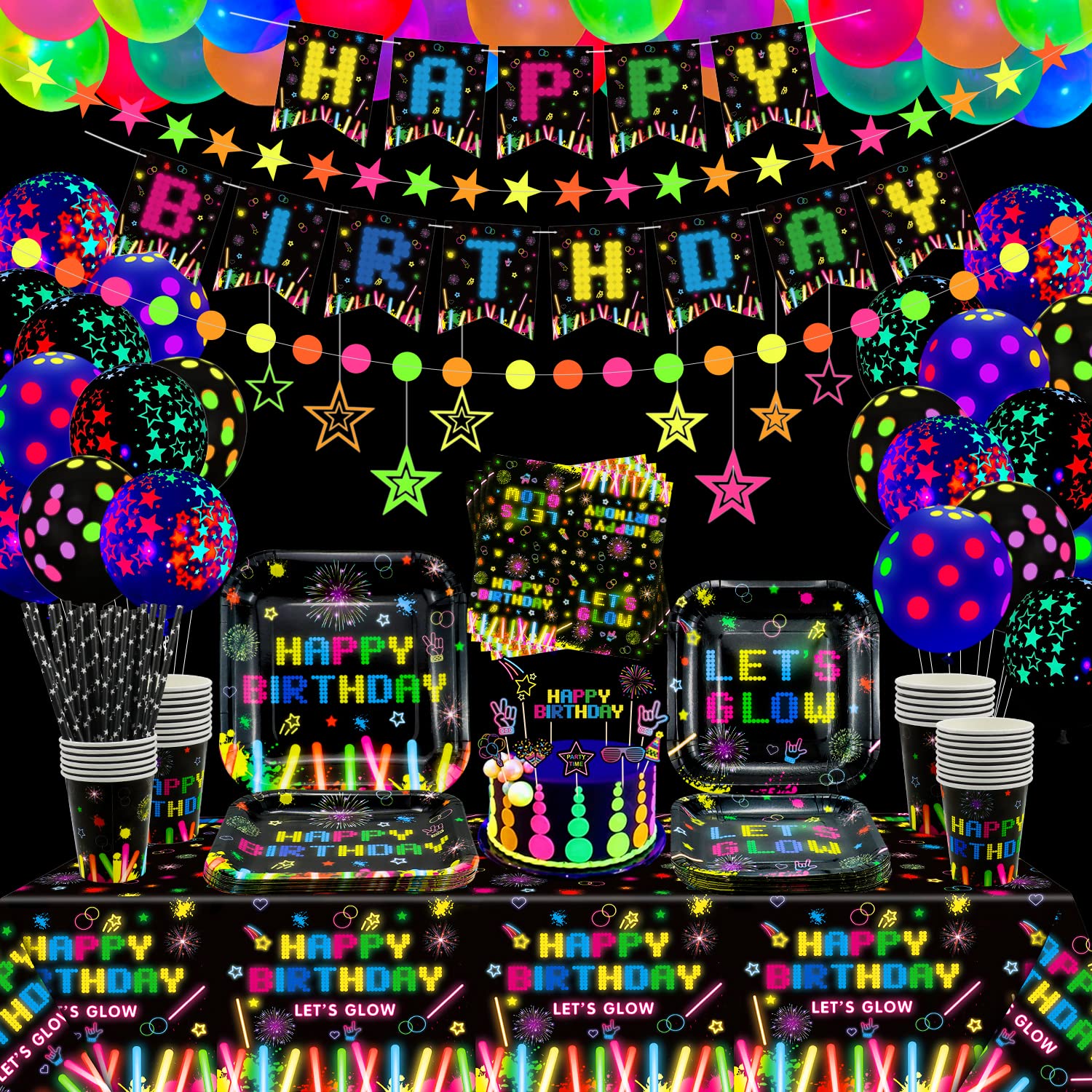 Dvaorc 181 PCS Glow Neon Party Supplies Neon Glow Tableware Set Neon Balloon Glow in the Dark Birthday Banner Hanging Swirl Cake Toppers for Blacklight Party Decoration Serves 20…