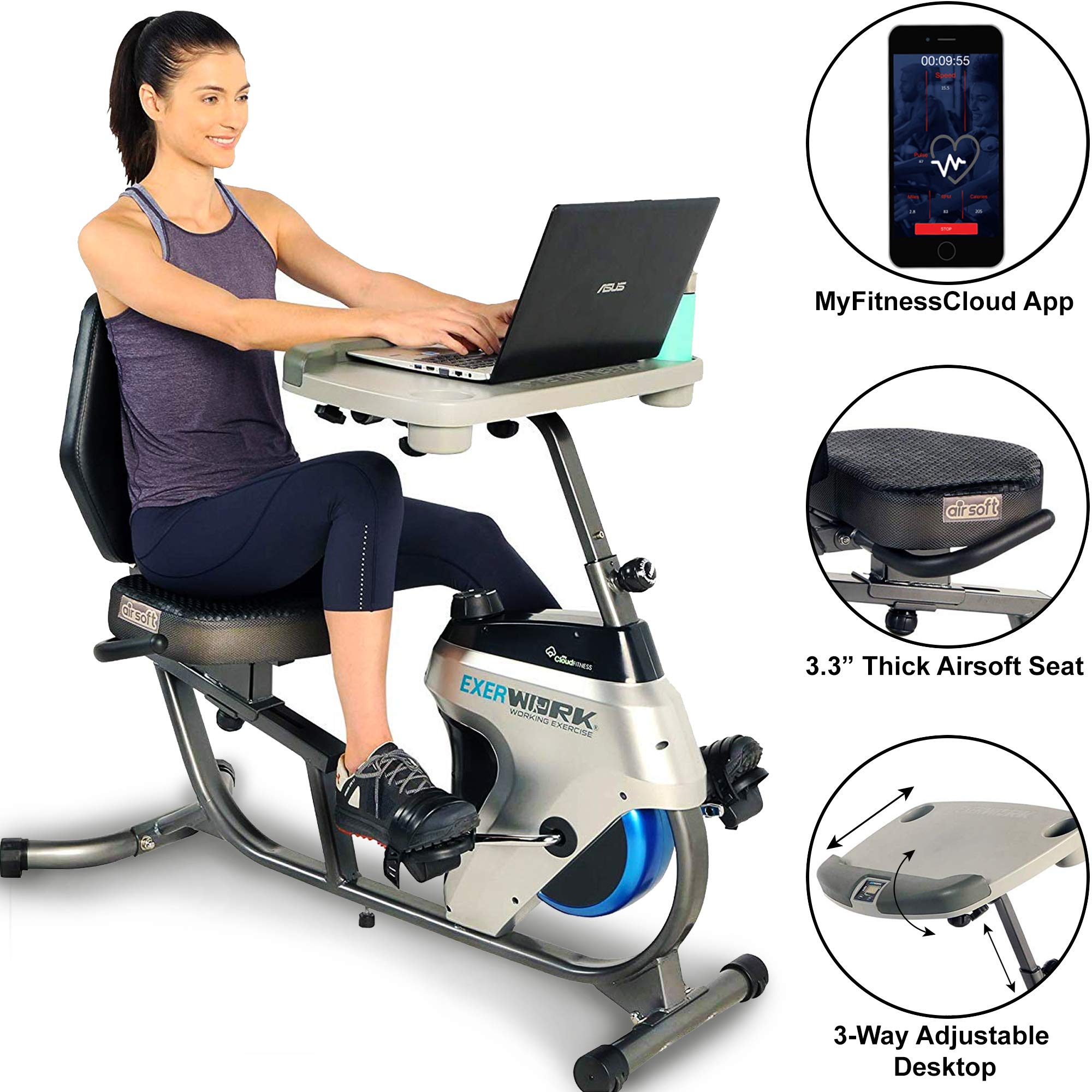 Exerpeutic 2500 Bluetooth 3 Way Adjustable Desk Recumbent Exercise Bike with Airsoft Seat and