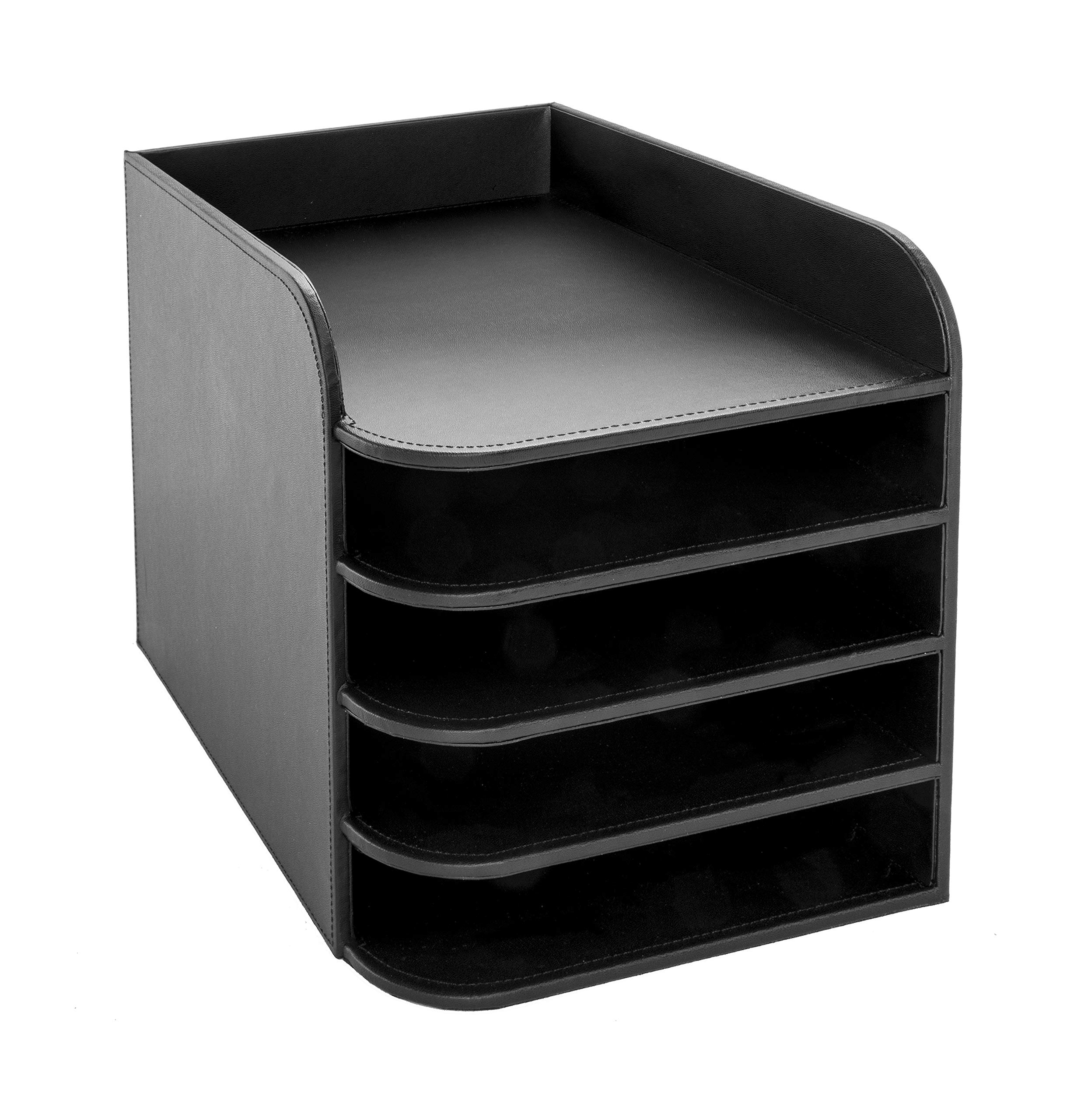 OSCO Black Faux Leather Five Tier Designer Letter Tray, A4 Desk File Organiser, Paper Storage, Office Document Sorter, Paperwork Filing, No Assembly Required, Elegant Desktop Tidy