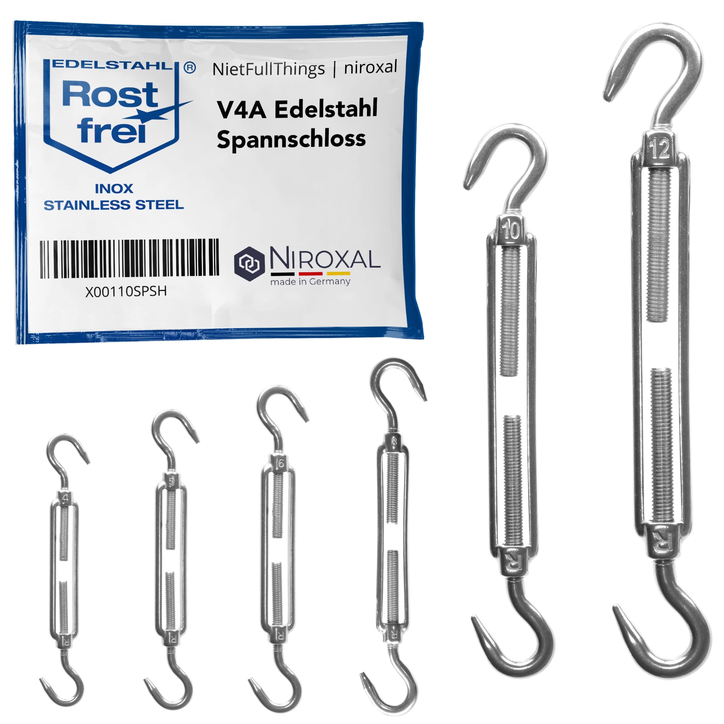 NietFullThings Stainless Steel Turnbuckles Hook Hook DIN 1480 – Marine Grade 316 Rope Tensioner – M8 – Pack of 25