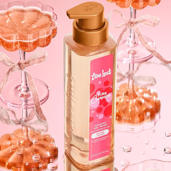 TREE HUT PINK CHAMPAGNE BODY WASH, HYDRATING & MOISTURIZING SHOWER GEL WITH SHEA BUTTER & ESSENTIAL OILS, SOFT SMOOTH GLOWING SKIN, GENTLE CLEANSER, SELF CARE GIFTS FOR WOMEN, PUMP BOTTLE, 18 FL OZ