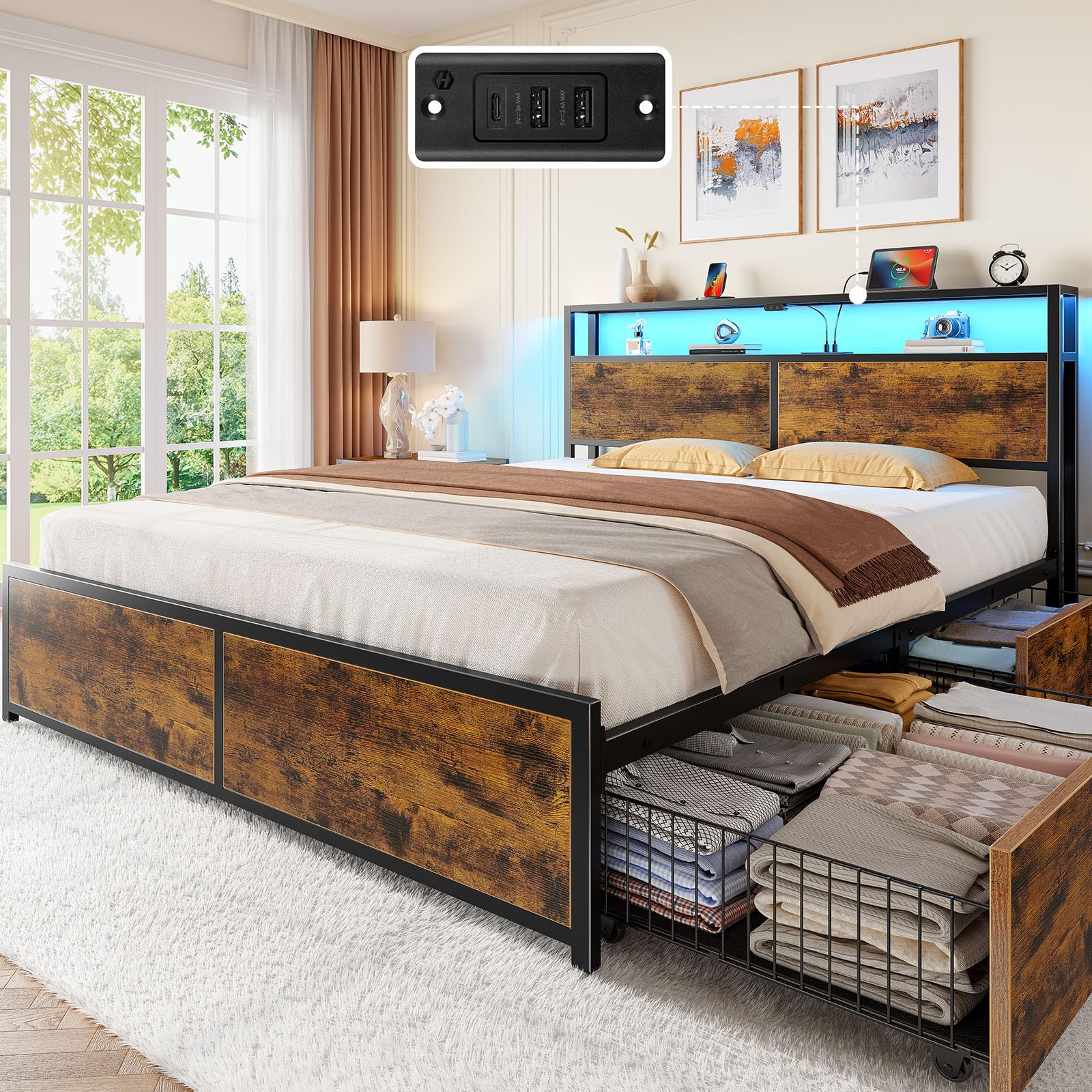 Photo 1 of ** sold as is no refund \return** see comments 
Rolanstar Queen Bed Frame with 4 Storage Drawers, Charging Station and LED Lights, Metal Platform Bed with 2-Tier Storage Headboard, No Box Spring Needed, Easy Assembly, Noise-Free, Rustic Brown