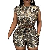 WDIRARA Women's Plus Size Camo 2 Piece Outfit Cap Sleeve Tee Drawstring Shorts Set Streetwear Outfits