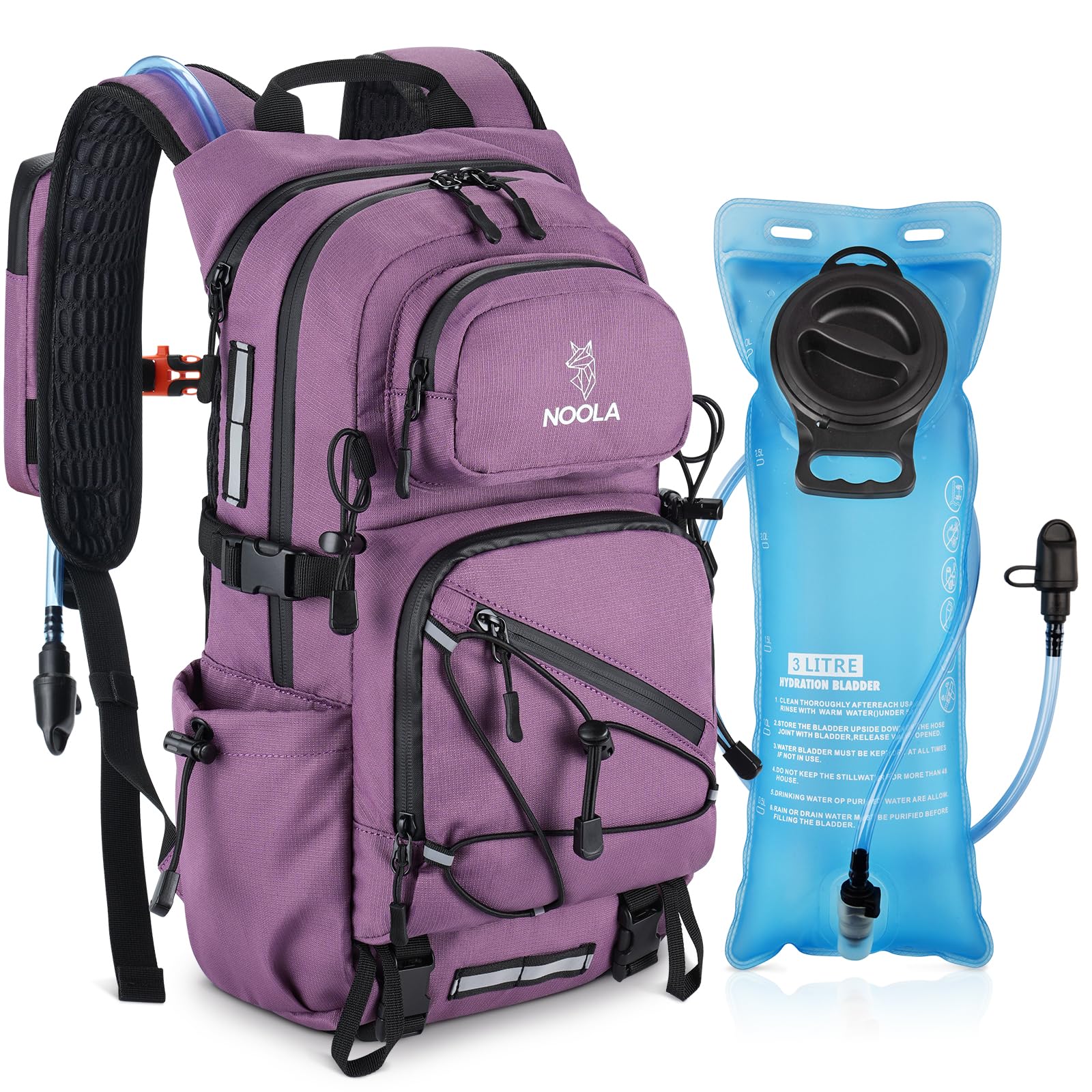 Photo 1 of NOOLA Hydration Backpack with 3L Water Bladder - 22L Water Backpack for Hiking, Cycling, Running, Biking - Lightweight Hiking Pack Bag with Rain Cover, Phone Holder and Trekking Pole Holders, Purple