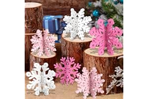OuMuaMua 6 Set Snowflake Christmas Table Decorations - 12pcs Pink White Wooden 3D Snowflake Decor Tabletop Centerpiece for Christmas Party Supplies Home Decor