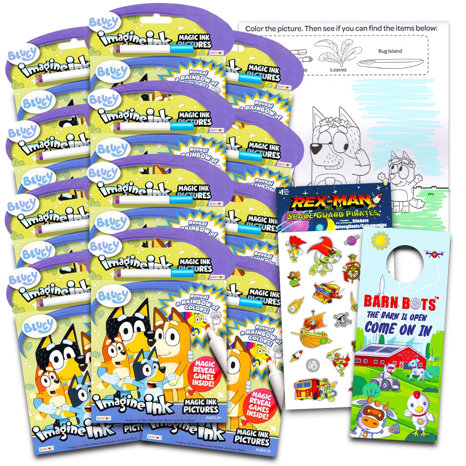 Photo 1 of Disney Bluey Imagine Ink Coloring Book Set for Kids -  No-Mess Magic Ink Bluey Coloring Books with Barn Bots Stickers and Door Hanger (Bluey Party Supplies Party Favors Bundle)