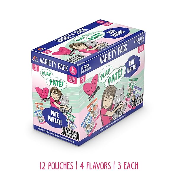 WERUVA B.F.F. PLAY – BEST FELINE FRIEND PATÉ LOVERS, AW YEAH!, PATÉ PARTAY! VARIETY PACK, 3OZ POUCH (PACK OF 12)
