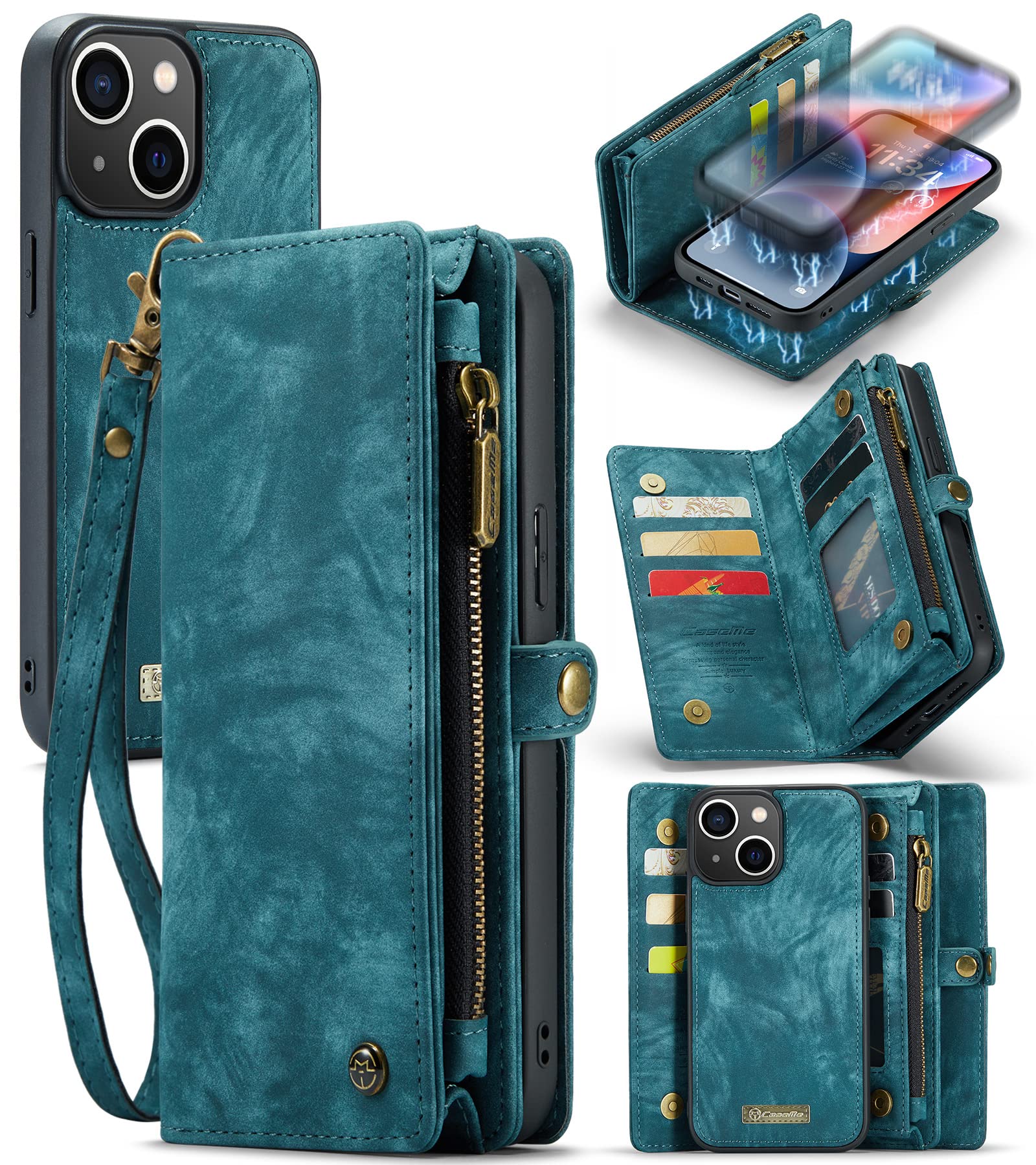 UFinetech Case for iPhone 14, Shockproof Card Holder Leather Wallet Cover for iPhone 14, Flip Bumper Magnetic Detachable Zipper Slots with Strap Anti-Scratch Soft TPU Luxury Purse Holster 2022, Blue โ image 1
