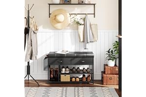 Mutun 35.5'' x 23'' Storage Shoe Bench, 3-Tier Entryway Bench with Padded Cushion Fabric Drawers and Storages Bag, Metal Shoe