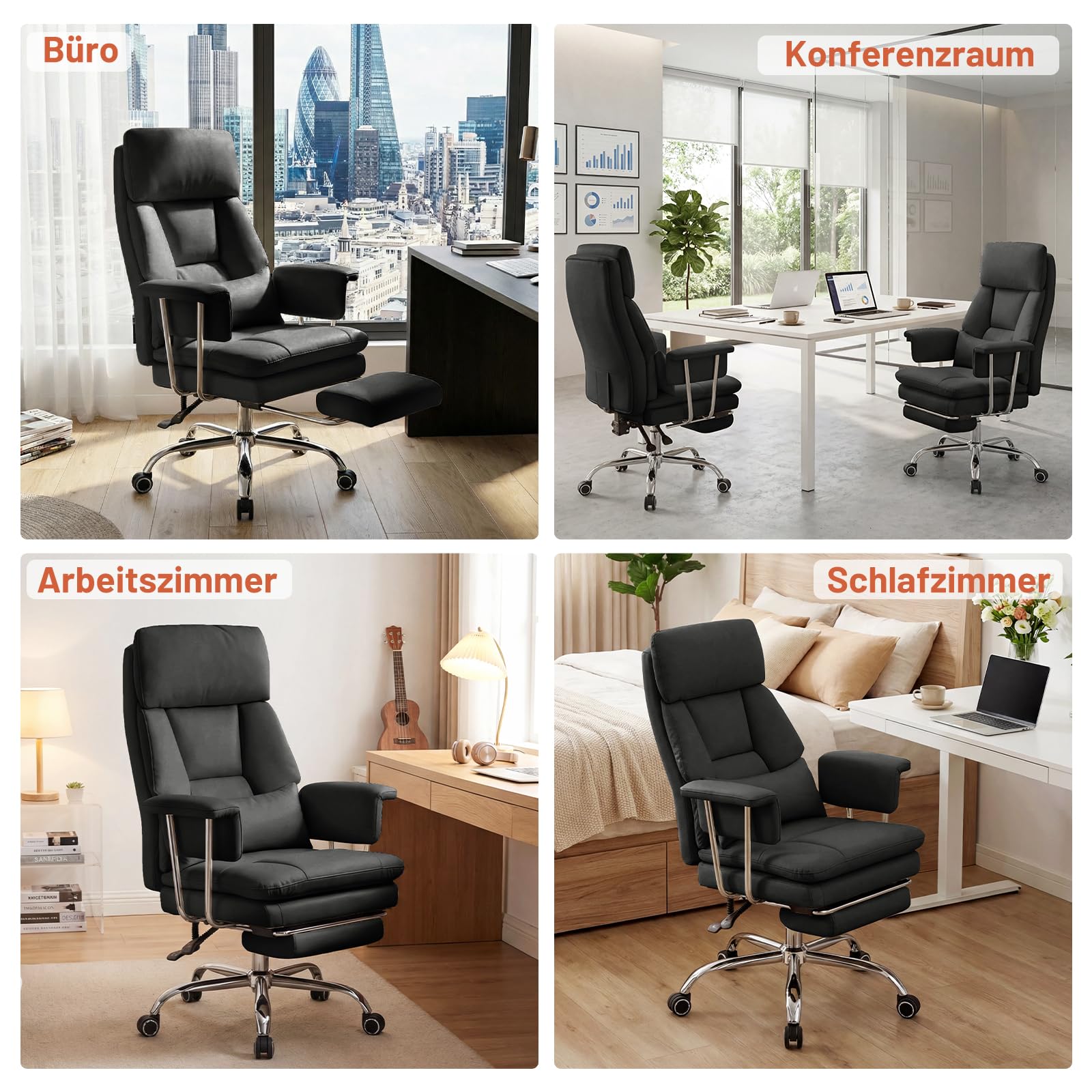 Ckaff Bürostuhl Ergonomischer mit Fußstütze und Lendenwirbelstütze, PU Leder Chefsessel 200KG XXL, Schreibtischstuhl Drehstuhl mit Armlehnen und Kopfstütze Höhenverstellbarer, Schwarz 2