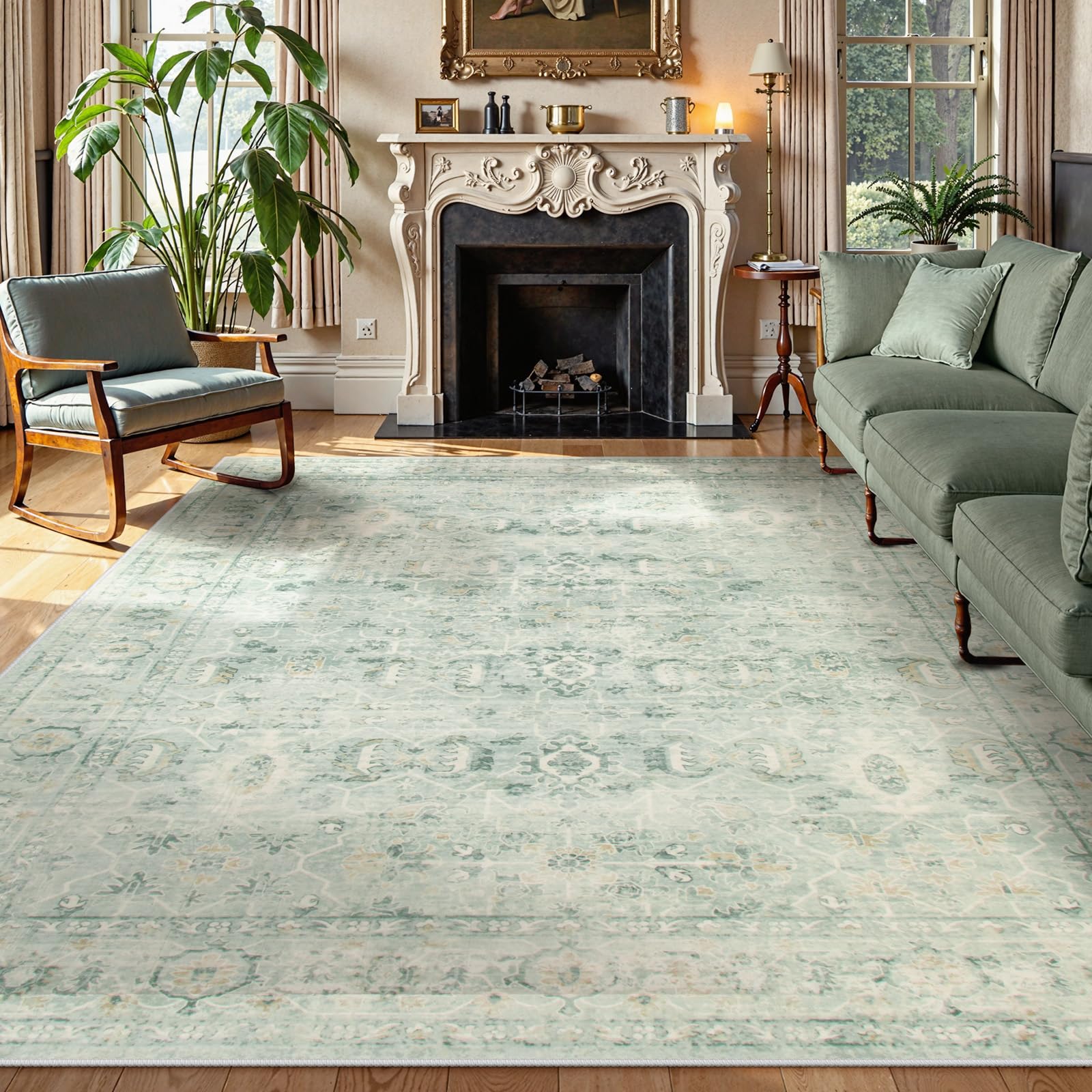 Lahome Margot Vintage 9x12 Washable Green Rugs for Living Room Bedroom, Boho Dining Room Rugs for Under Table, Soft Non Slip Indoor Throw Carpet for Home Office Playroom (9x12ft,Light Green)