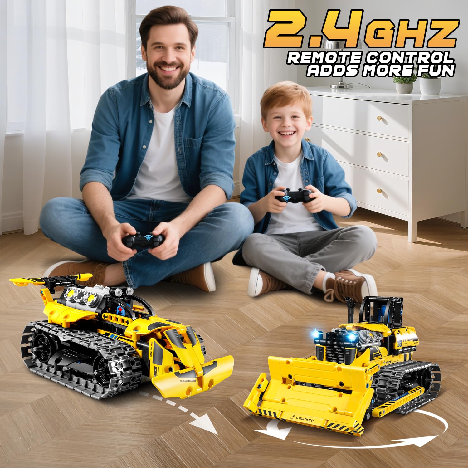 PLAXSOON Technik Ferngesteuertes Baufahrzeug Bauspielzeug mit Wiederaufladbare Akku, 3-in-1 RC STEM Bulldozer Kipplaster Klemmbausteine 452 Stück, Geschenk für Kinder Jungen ab 8-12+ Jahren 4