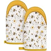 Slohif Bee Mini Oven Mitts Set – Yellow Extended Short Heat Resistant Kitchen Gloves for Women, 100% Cotton Oven Mitts with Silicone Grips, Non-Slip and Thick Durable for Cooking & Baking