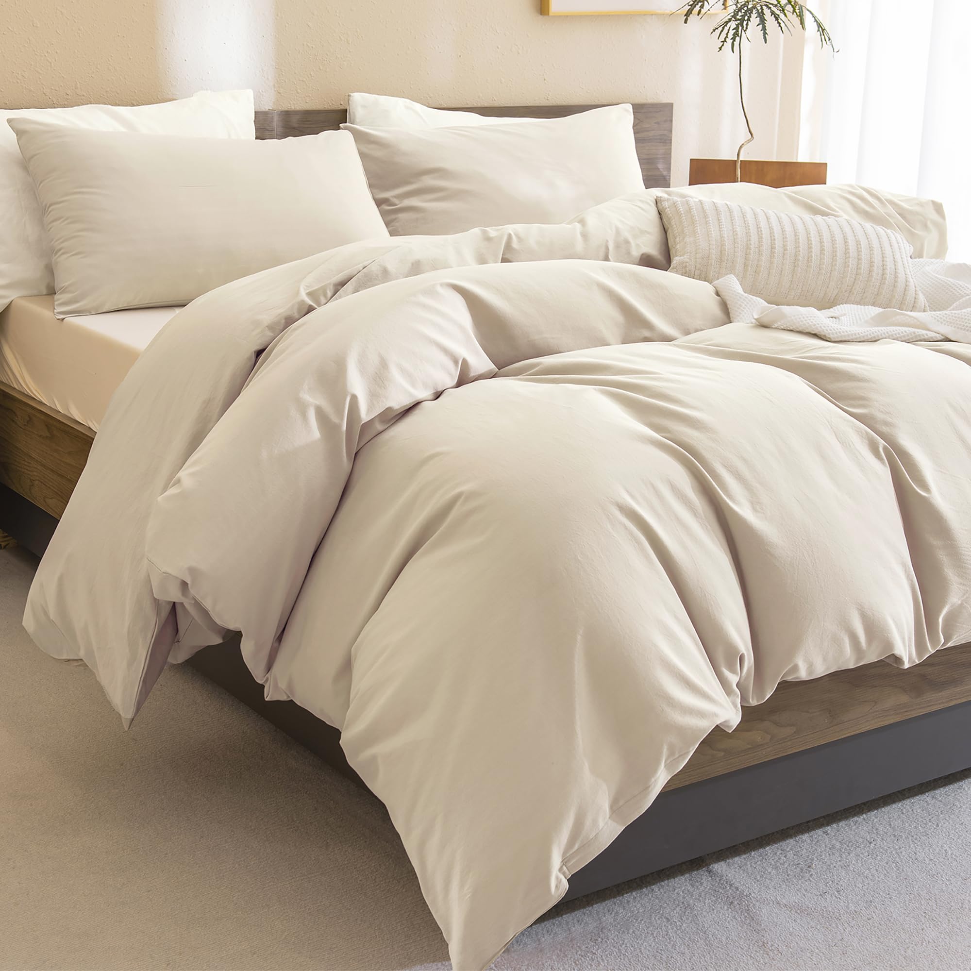 Photo 1 of Sanracie Cotton Comforter King Size,Solid Color Bedding Comforter Set Linen Feel Textured 3 Pieces(1 Wheat Bed Comforter + 2 Pillowcases) Soft Lightweight Neutral King Bedding All Season