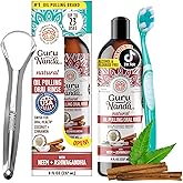 GuruNanda Cinnamon Oil Pulling Mouthwash, Promotes Calmness, with Neem & Ashwagandha for Fresh Breath & Happy Gums, Alcohol-Free, with Toothbrush & Tongue Scraper, 8 Oz