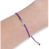 Purple Thread Womens Friendship Support Bracelet, November Alzheimers Awareness Month, Small Sterling Silver Ribbon Shaped Charm. Aware for Lupus, Pancreatic Cancer, Domestic Violence