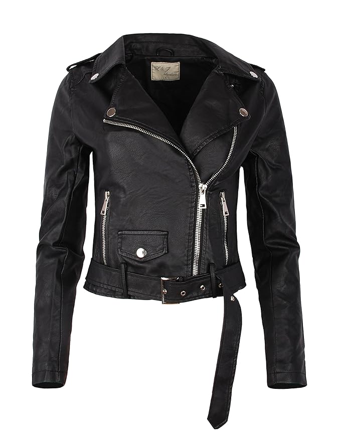 Fraternel Damen Jacke Bikerjacke Kunstlederjacke mit Gürtel