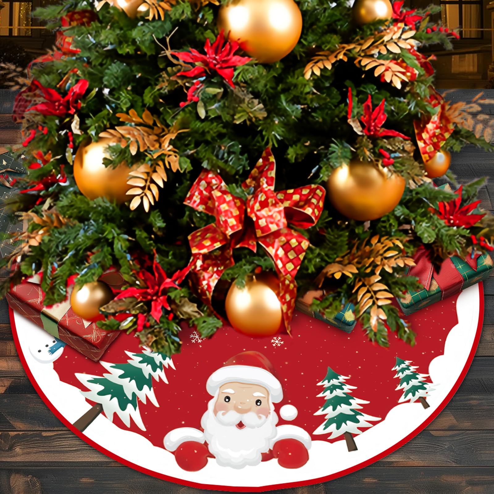 Christmas Tree Skirt Red 90cm Round Carpet With Snowflakes Pattern - Xmas Tree Base Cover Mat for New Year Decoration Indoor Outdoor