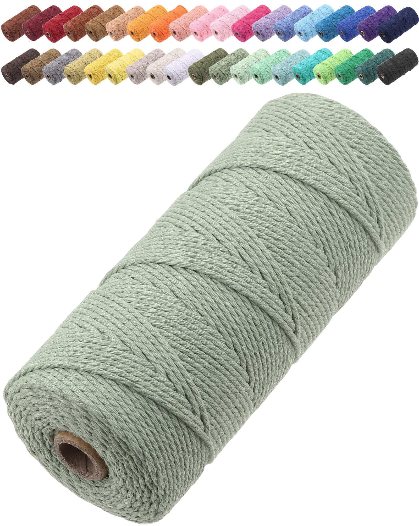 GOHOF Macrame Cord 2mm x 205m Premium Cotton Macrame Rope, 3 Strand Twisted Soft Cotton Cord, One of The Most Perfect Materials for Macrame Art, Cotton String Without Chemicals (Pea Green)