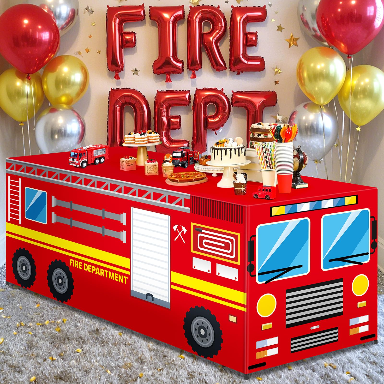 Photo 1 of 6 Ft Firetruck Tablecloths Birthday Party Decorations Firefighter Theme Table Cover Washable Fabric Polyester Fire Rectangle Department Table Covers Protector for School Birthday Party Decorations
