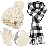 Winter Hat Scarf Gloves and Ear Warmer, Knit Warm Beanie Hat Touch Screen Gloves Long Knitted Plaid Scarf Set Gifts for Women