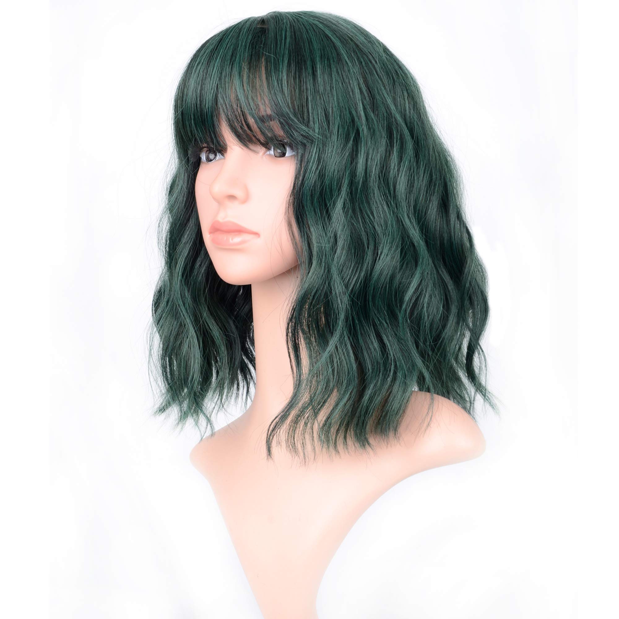 VCKOVCKO Short Wavy Wig With Air Bangs Women's Shoulder Length Synthetic Cosplay Pastel Bob Wig for Girl Colorful Costume Wigs (12", Mix Green)