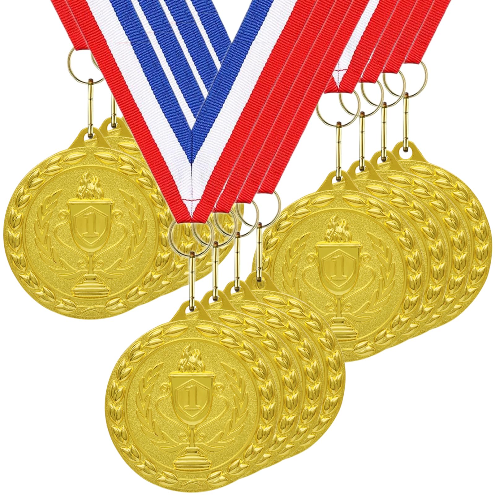 Donrime Medals for Children, 12-Pack Gold Metal Medal Olympic Decoration Sports Day Medals with Ribbon Necklace for Sports Day Prizes, Gymnastics Competitions, Party Gifts, Kids Adults
