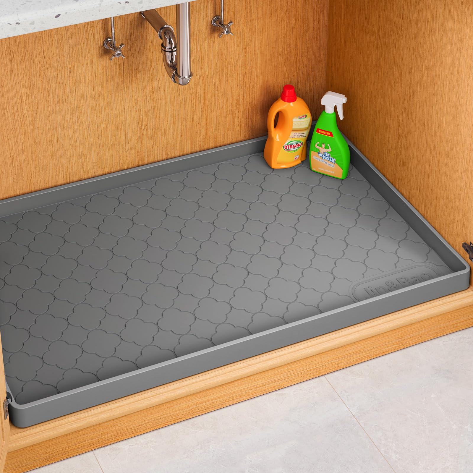 Jin&Bao Waterproof Under Sink Mat 40" x 19", Thick Silicone Mat Cabinet Protector for Kitchen and Bathroom, Shelf Liner, Home Organizer and Storage, Multipurpose Tray for Gadgets and Essentials Image
