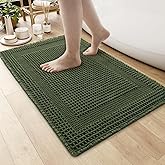 AMOAMI Waffle Bath-Mat, Absorbent Bath Mats for Bathroom Non Slip, Machine Washable Bathroom Rugs with Tassels Ultra Soft Boho Bath Rugs for Floor 17"x24" Dark Green