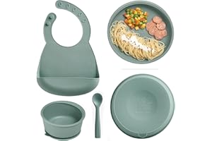 KUB Silicone Baby Feeding Set, Toddler Plates and Bowls Set, Baby Feeding Set with Adjustable Bib Grey