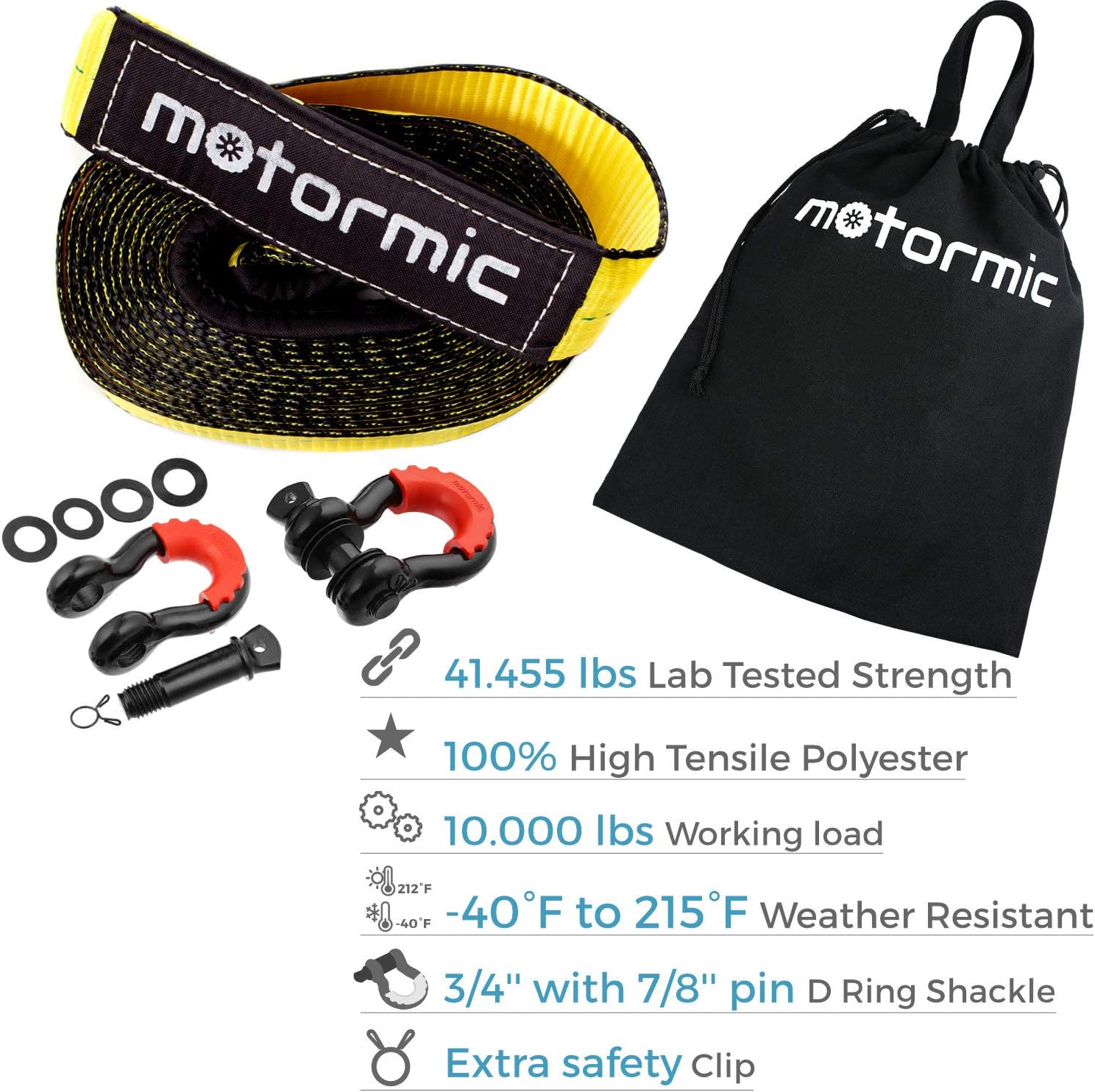 motormic Tow Strap Recovery Kit - 3" x 30ft (30,000 lbs.) Rope + 3/4" D Ring Shackles (2pcs.) + Storage Bag - Heavy Duty Straps for Winch - Truck, Car, ATV, Off Road Vehicle Towing: Automotive