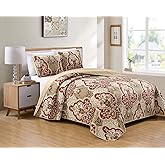 Kids Zone Home Linen Bedspread Set Damask Pattern Taupe Burgundy Brown New (Full/Queen)