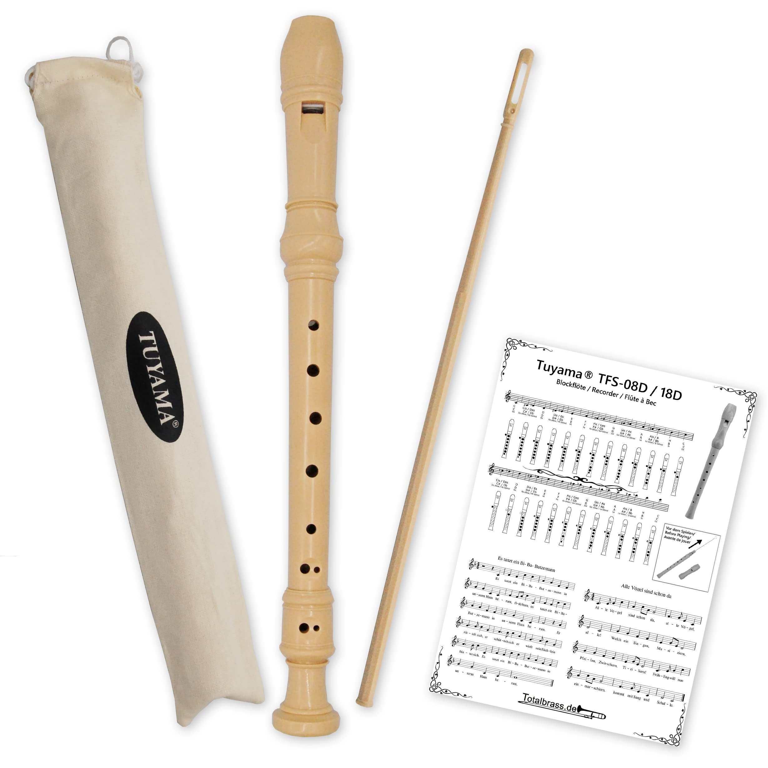 Tuyama TFS-08D Recorder German Fingering Soprano Beige C Major Includes Fingering Chart Music Examples Wiper Rod Practical Fabric Bag