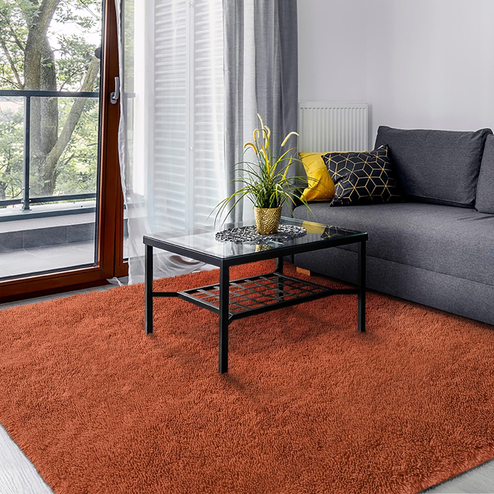 SOANNY Living Room Area Rug, Orange Large Luxury Soft Fluffy Shaggy Carpet for Bedroom Dorm Bedside Lounge Office, Non-Slip, Washable Throw Rug for Home Decor, 160x230cm