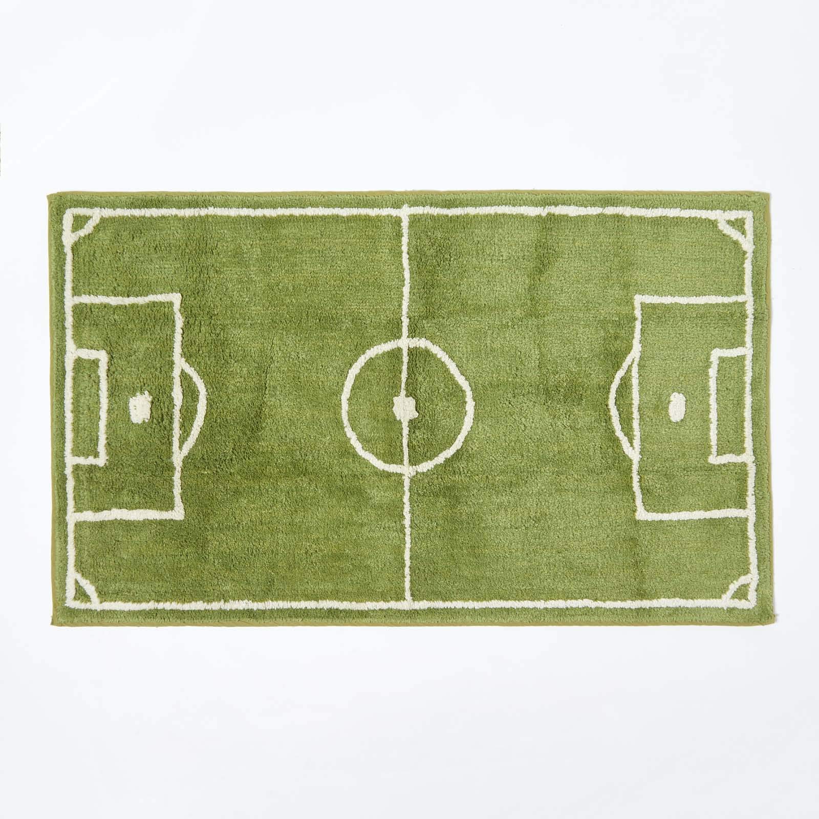 HOMESCAPES 100% Cotton Tufted Football Pitch Rug Green White - 60 x 100 cm Large Bath Mat or Children's Rug