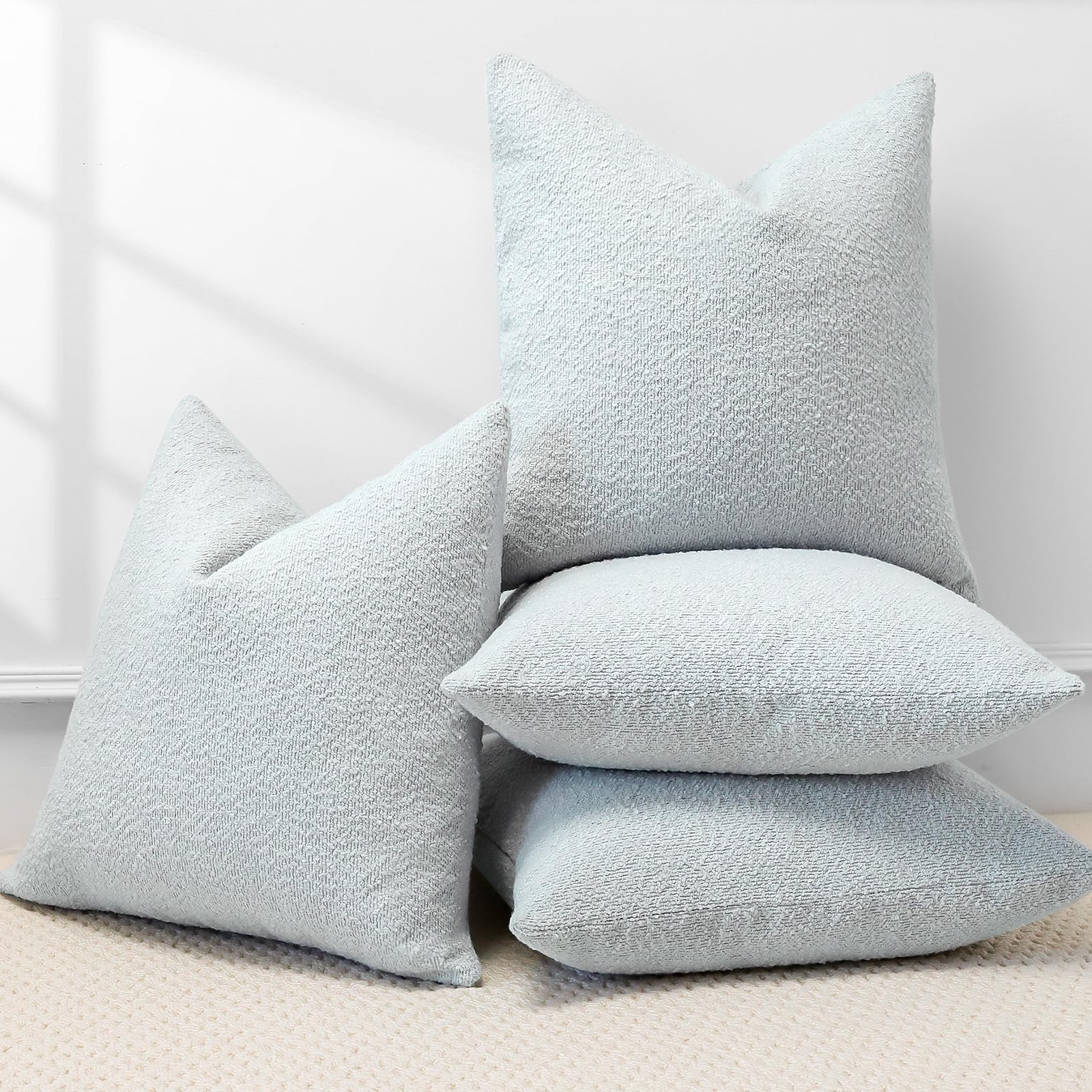 Sungeek Pack of 4 Textured Boucle Decorative Cushion Cover 45x45cm, Soft Cozy Accent Solid Pillow Cases for Sofa Couch Bedroom Living Room Modern Home Decor Throw Pillow Covers, Silver Frost