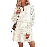 PRETTYGARDEN Women's 2025 Long Sleeve Mini Dress Eyelet V Neck A Line Casual Elegant Holiday Wedding Guest Party Dresses