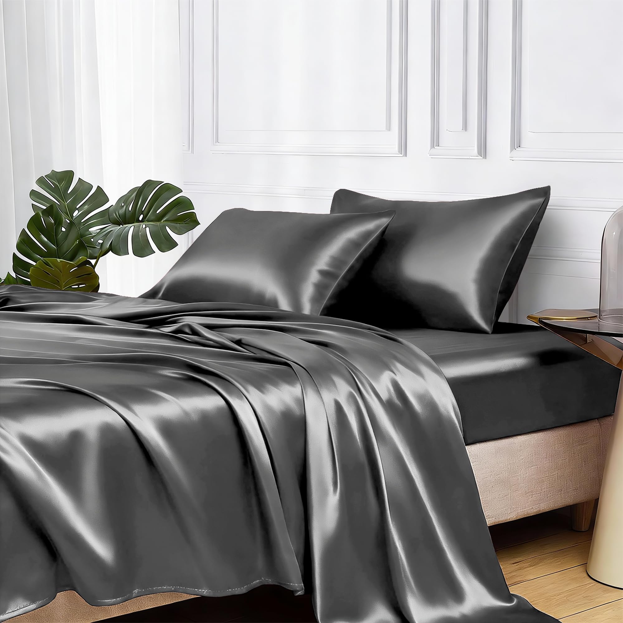 Photo 1 of **NON-SATIN** MR&HM Satin Bed Sheets, King Size Sheets Set, 4 Pcs Silky Bedding Set with 15 Inches Deep Pocket for Mattress (King, Dark Grey)