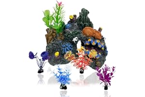 PINVNBY Aquarium Coral Reef Decor Resin Fish Tank Decorations Rock Mountain Cave Ornaments for Goldfish Betta Fish Sleep Rest Hide Play Breed with 4 PCS Aquatic Plants (Small Size)