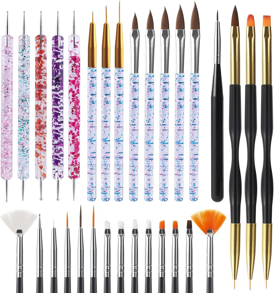 Artdone 31pcs Nail Art Brushes Tools Set Dotting Tools for Gel Polish | Dust Brush,Striping Brushes for Long Lines, Drawing P