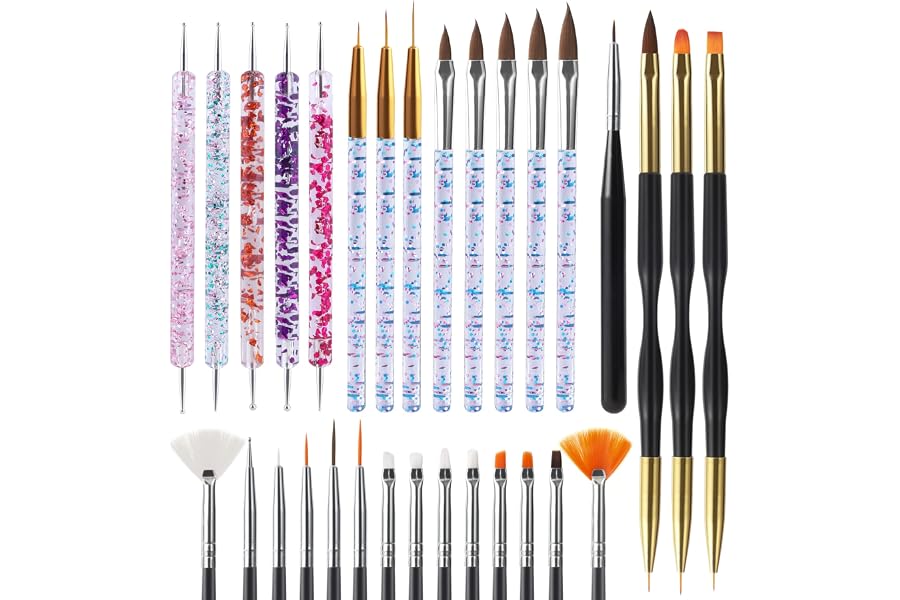Artdone 31pcs Nail Art Brushes, Nail Art Tool Set, Dotting Tools, Dust Brush,Striping Brushes for Long Lines, Drawing Pen For Gel Polish Design supply