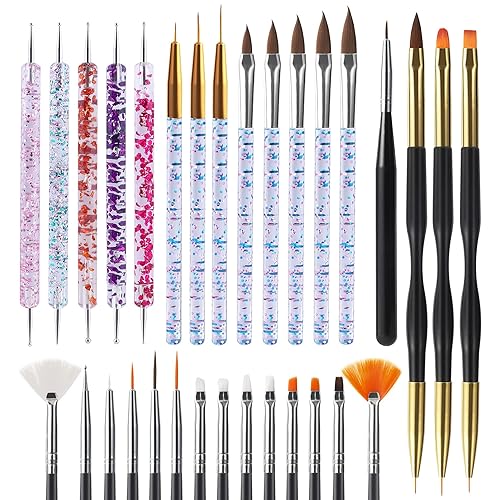 Artdone 31pcs Nail Art Brushes, Nail Art Tool Set, Dotting Tools, Dust Brush,Striping Brushes for Long Lines, Drawing Pen For Gel Polish Design supply