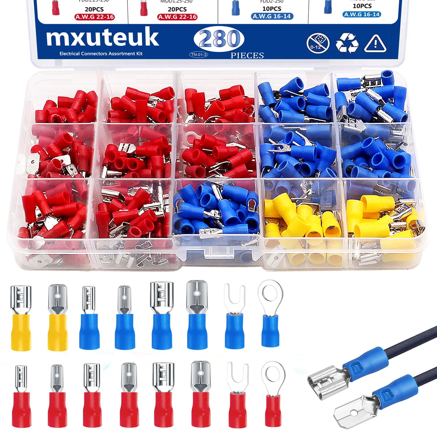 mxuteuk 16-Type 280Pcs 2.8mm/4.8mm/6.3mm Spade Connector Kit With Ring Fork Crimp Terminals